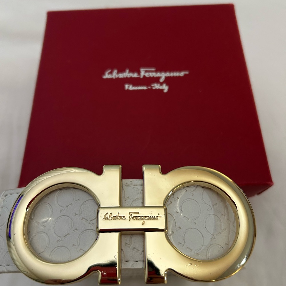 Salvatore Ferragamo Gold Buckle White Belt